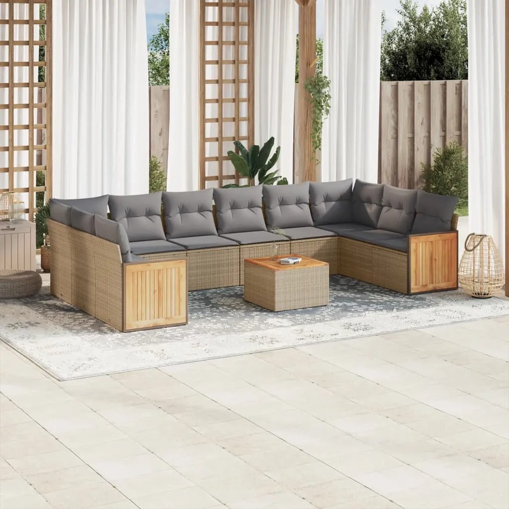 Set divani da giardino 11 pz con cuscini beige in polyrattan