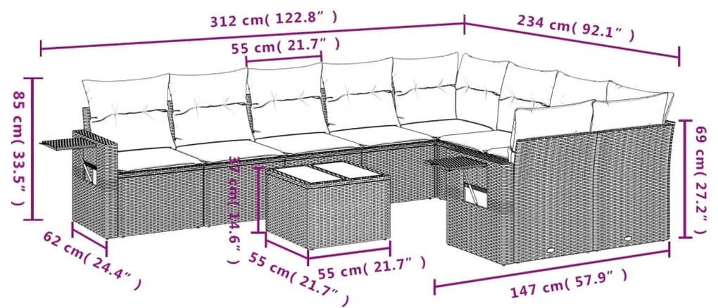 Set divani da giardino 10pz con cuscini in polyrattan nero