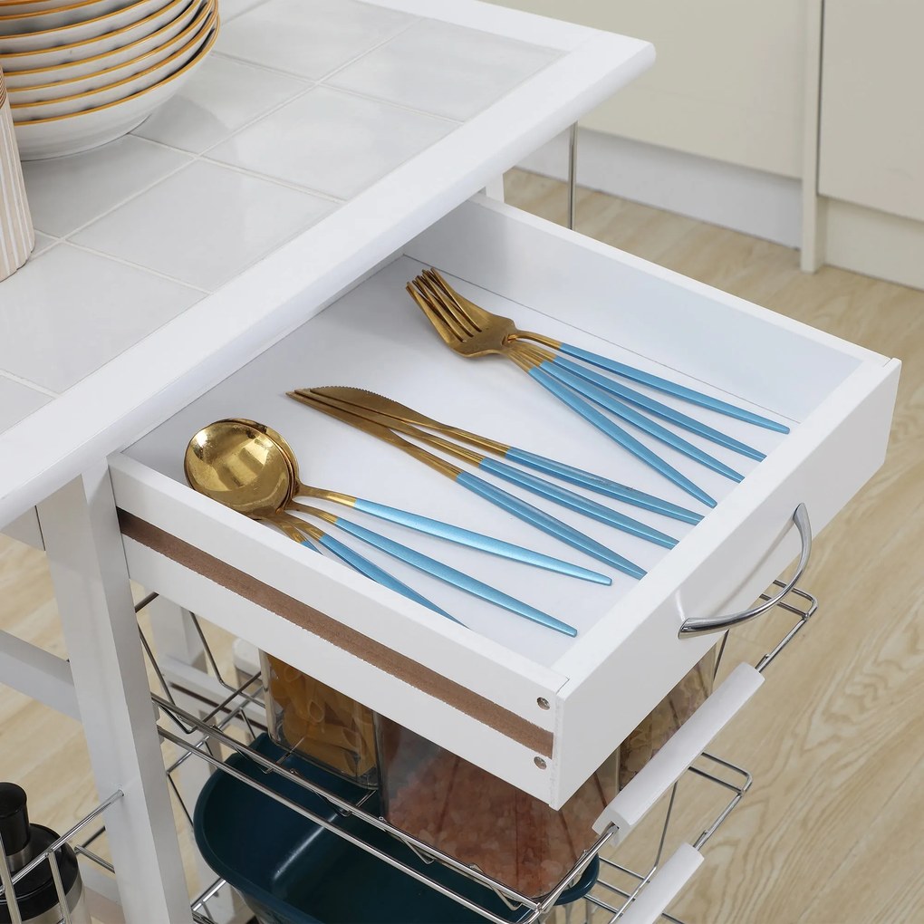 Carrello da Cucina con Ripiani e Cassetto Piano di Lavoro in Ceramica 57x37x83 cm...