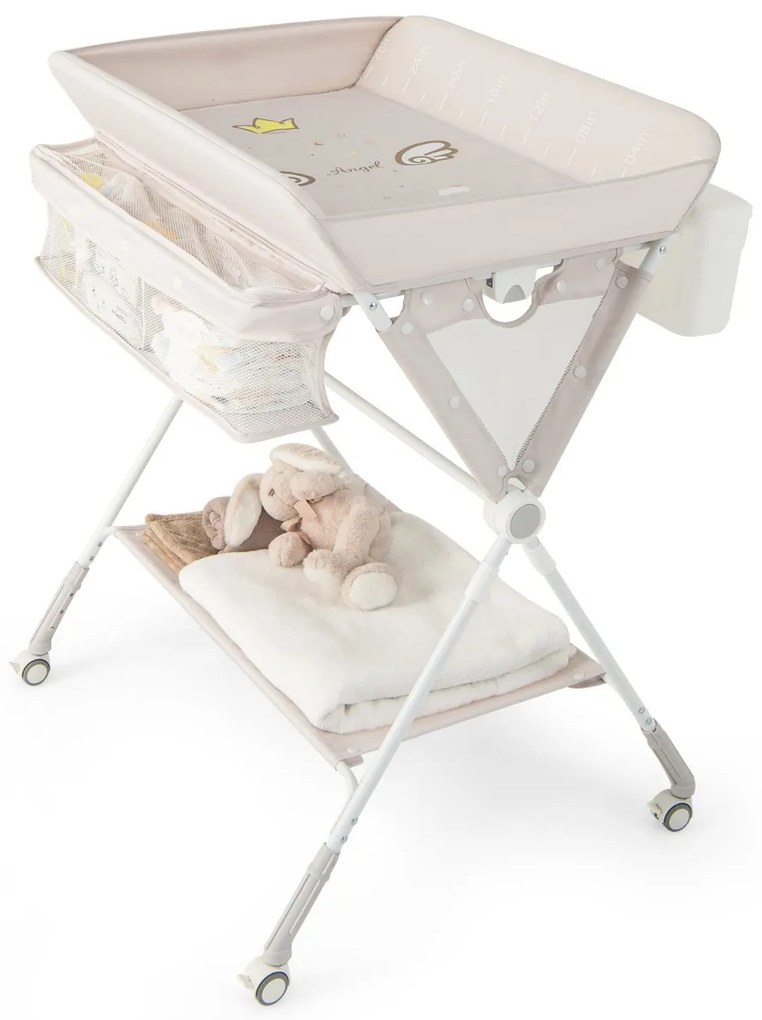 Costway Fasciatoio per pannolini con ruote 3 altezze regolabili cintura di sicurezza, Organizzatore per neonato Beige