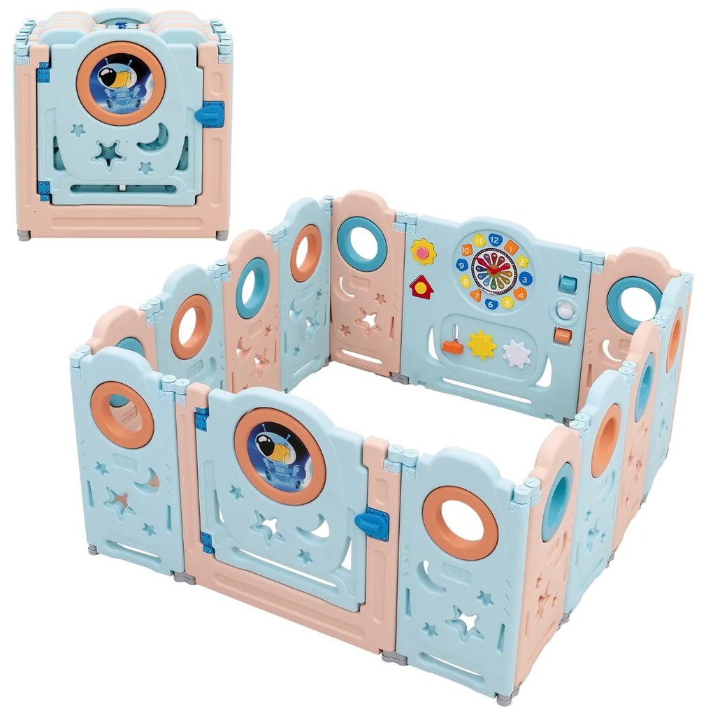 Costway Box multifunzionale con 14 pannelli e giocattoli educativi per bambini, Recinto portatile Azzurro e rosa
