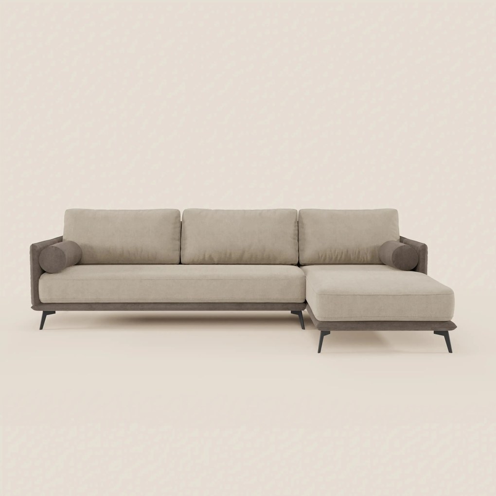 Basalto divano bicolore angolare con penisola e base in metallo - schienali in piuma e tessuto smacchiabile T31