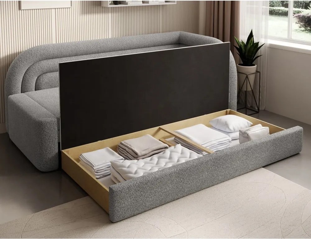 Divano grigio allungabile/con contenitore con penisola a destra e rivestimento in bouclé 223 cm Fabillo – ELTAP