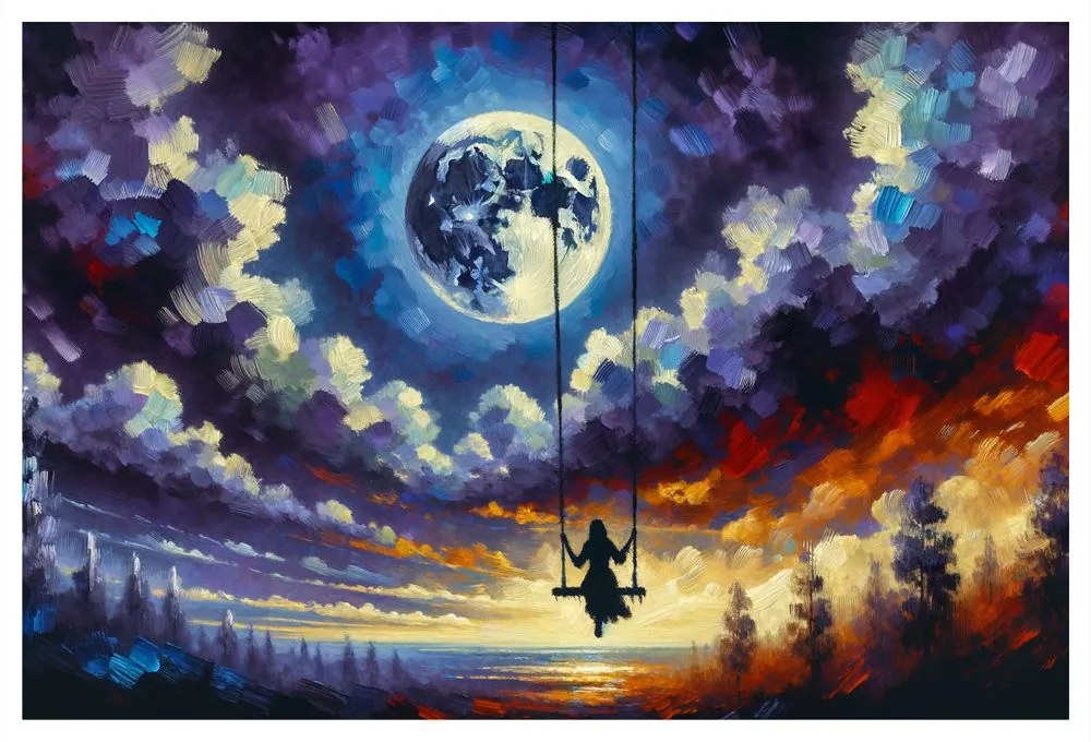 Quadro su tela – Ragazza sull’altalena sotto la luna