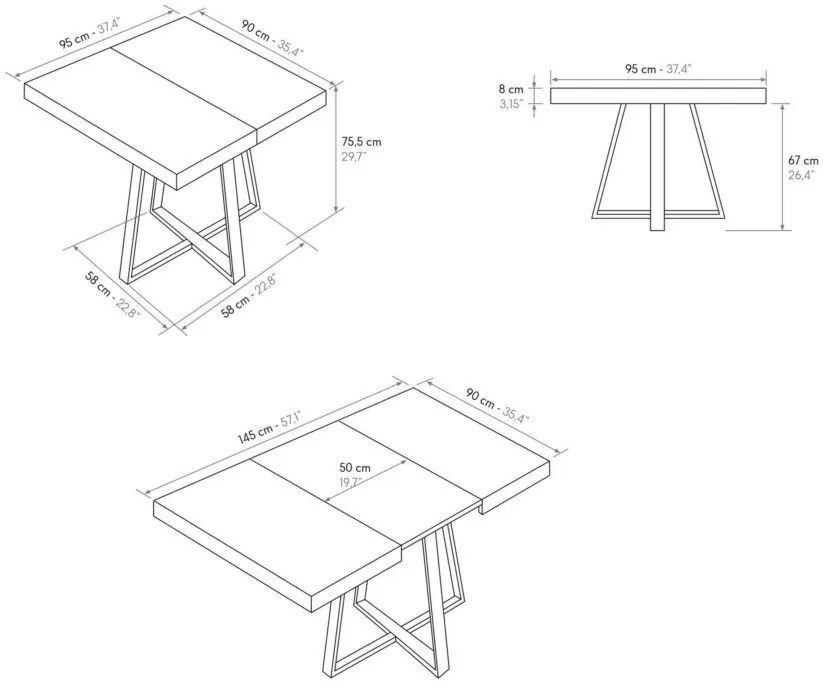 Tavolo FORTE DEI MARMI in legno, finitura bianco frassinato e base incrociata in metallo antracite, allungabile 95&#215;90 cm &#8211; 145 x 90 cm