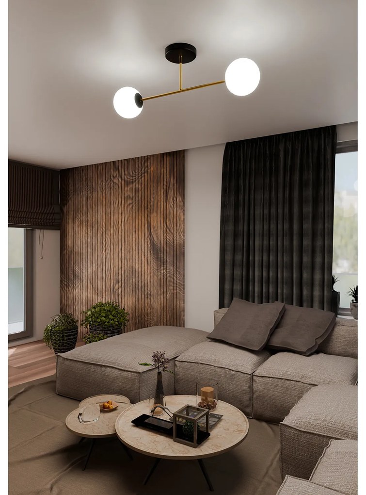 Plafoniera Moderna Magnium 2 Luci In Acciao Nero Oro E Sfere In Vetro Bianco