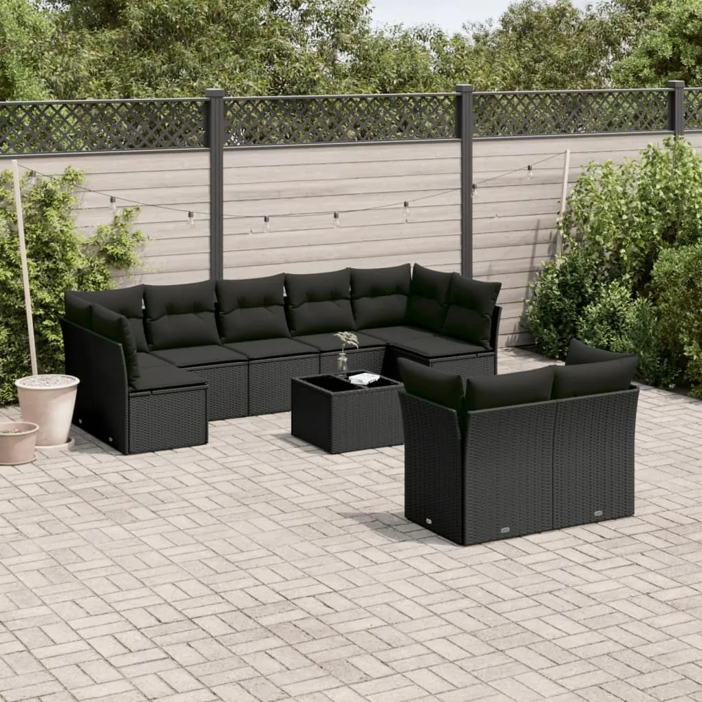 Set divani da giardino 10pz con cuscini in polyrattan nero