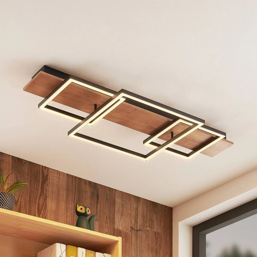 Lucande Plafoniera LED Chariska, 95 cm, nero, legno, CCT