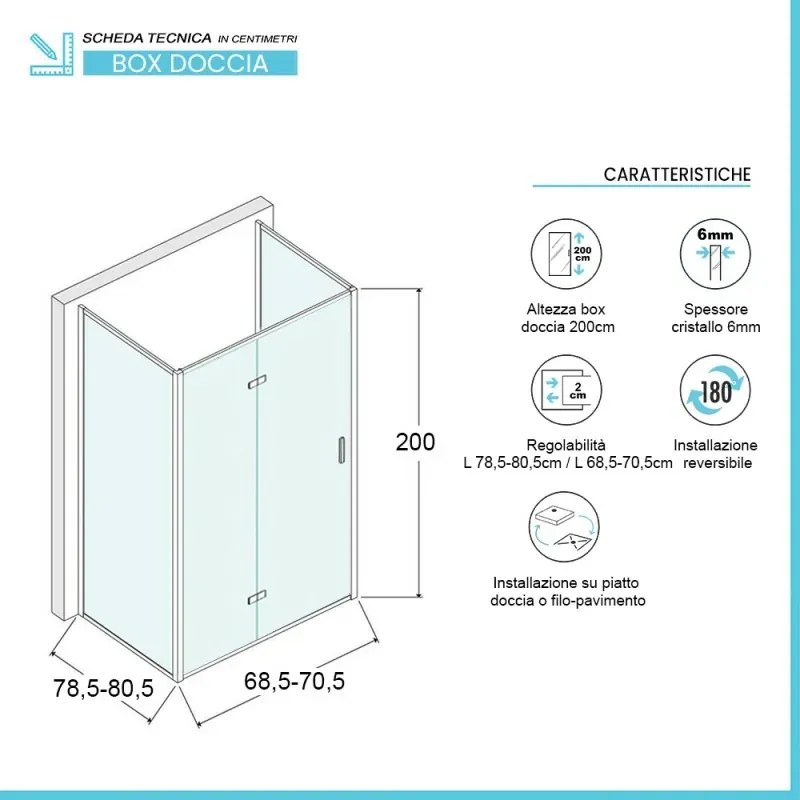 Box doccia 80x70x80 cm porta a soffietto trasparente H 200 cm Ted