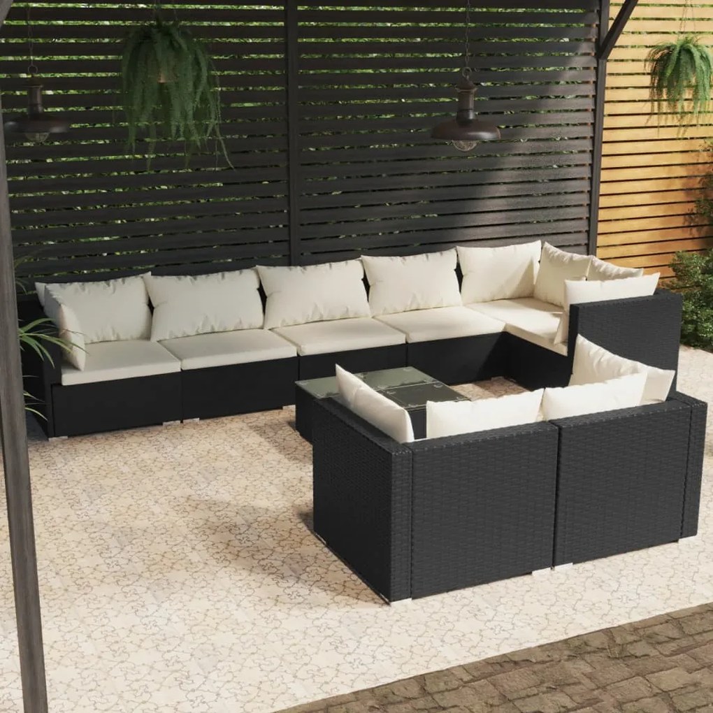 Set Salotto da Giardino con Cuscini 9pz Nero in Polyrattan