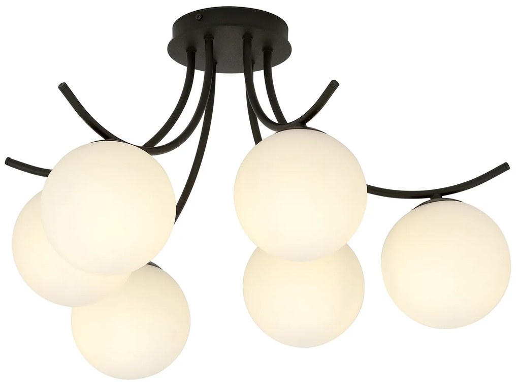 Plafoniera Moderna 6 Luci Coeo In Acciaio Nero E Diffusori In Vetro Opale
