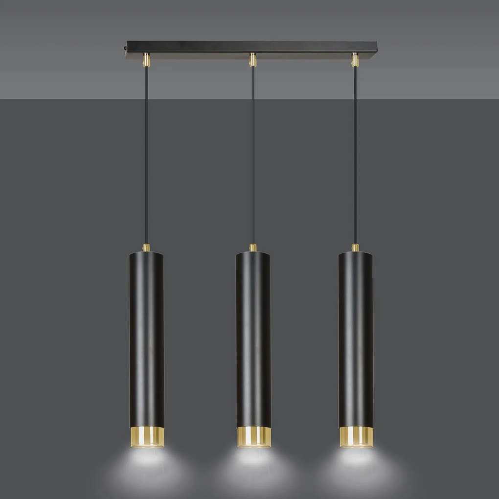 Lampadario 3 Luci Brunilde In Acciaio Nero E Tubolari In Nero E Oro