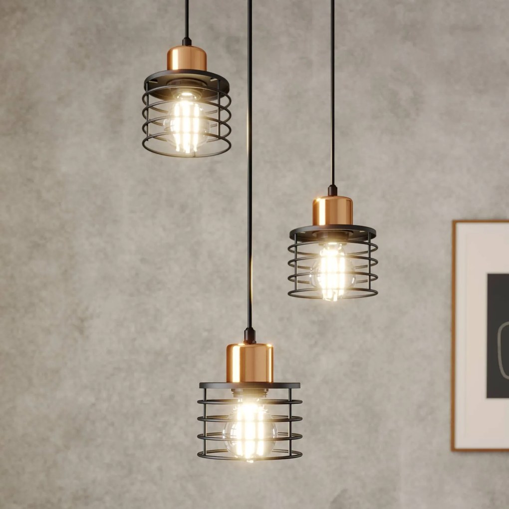 HELAM Lampada a sospensione Edison in nero/rame, a 3 luci, rotonda