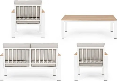 Salotto Da Esterno In Alluminio Bianco Inserti Legno Con Cuscini E Tavolino Belmar Bizzotto