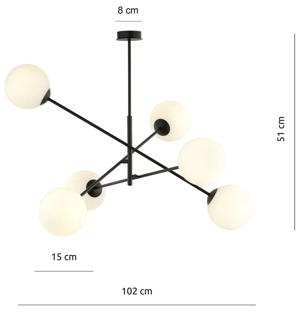 Lampadario 6 Luci Linear In Acciao Nero Con Bracci Regolabili E Vetro Opale