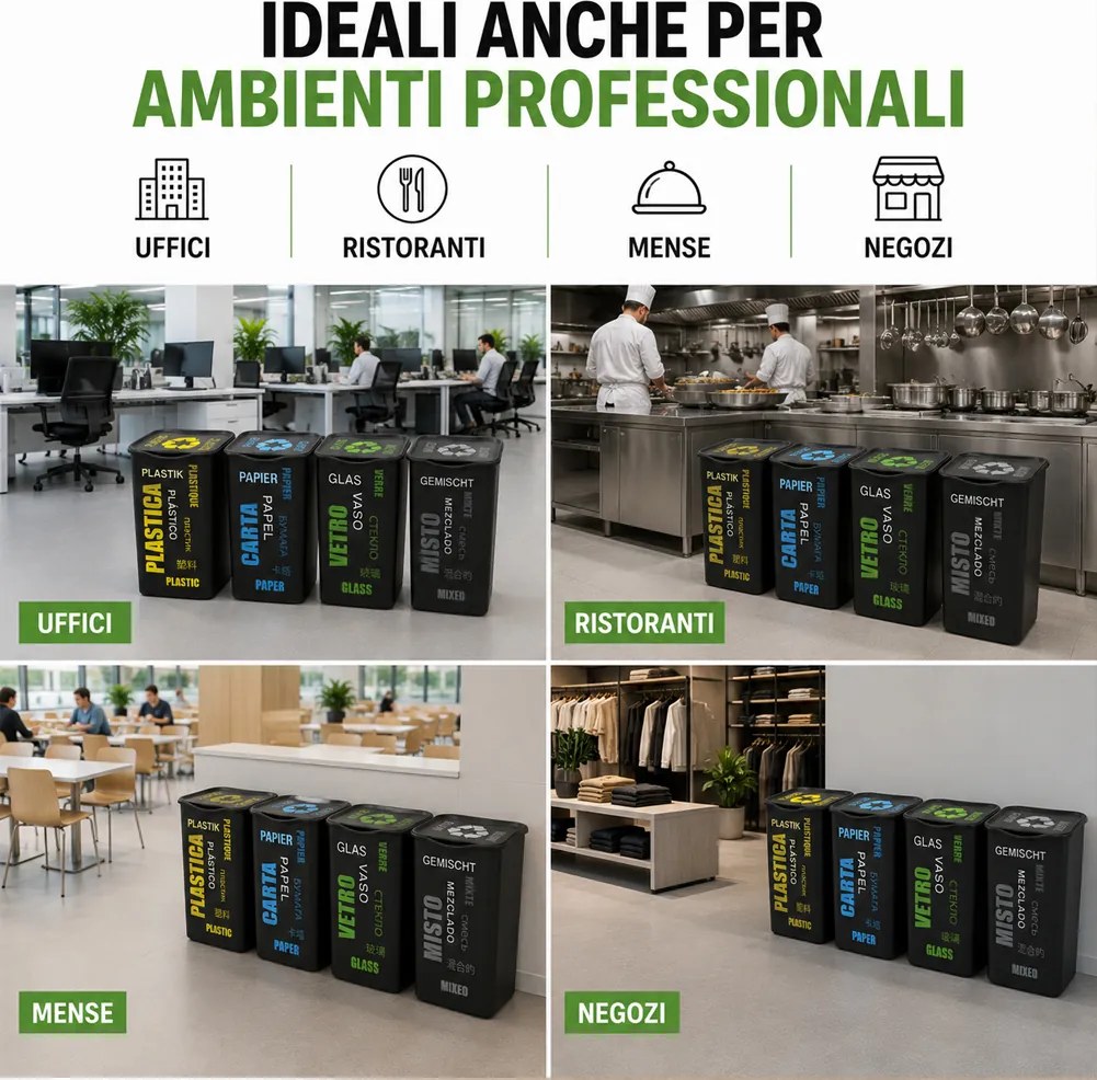 Set 4 Pattumiere per Raccolta Differenziata 37,5x36x53,5 cm Bidone da 50 Litri in Plastica Nero...