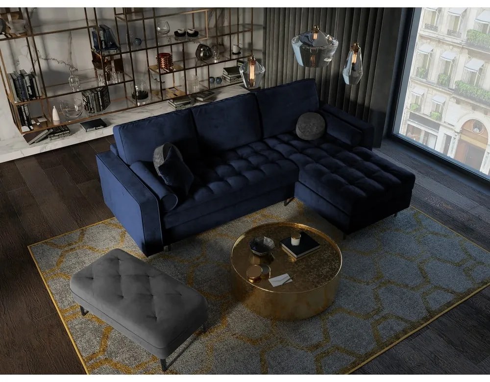 Divano letto angolare in velluto blu, angolo destro Santo - Milo Casa