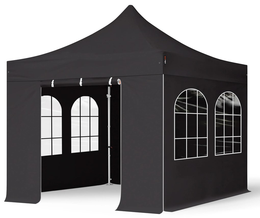 TOOLPORT 3x3m gazebo pieghevole PVC ignifugo con laterali (finestre), PROFESSIONAL alluminio, nero - (59137)