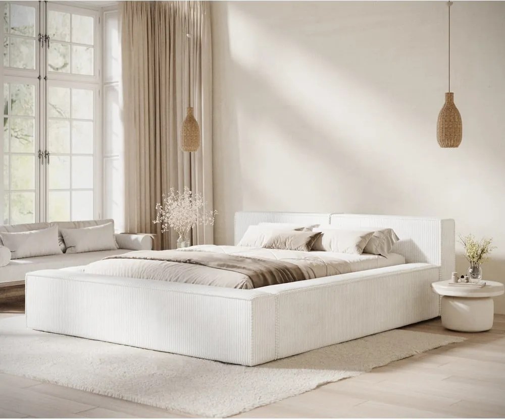 Letto matrimoniale imbottito color crema con contenitore e rete inclusi 160x200 cm Voliera – Maison de Rêve