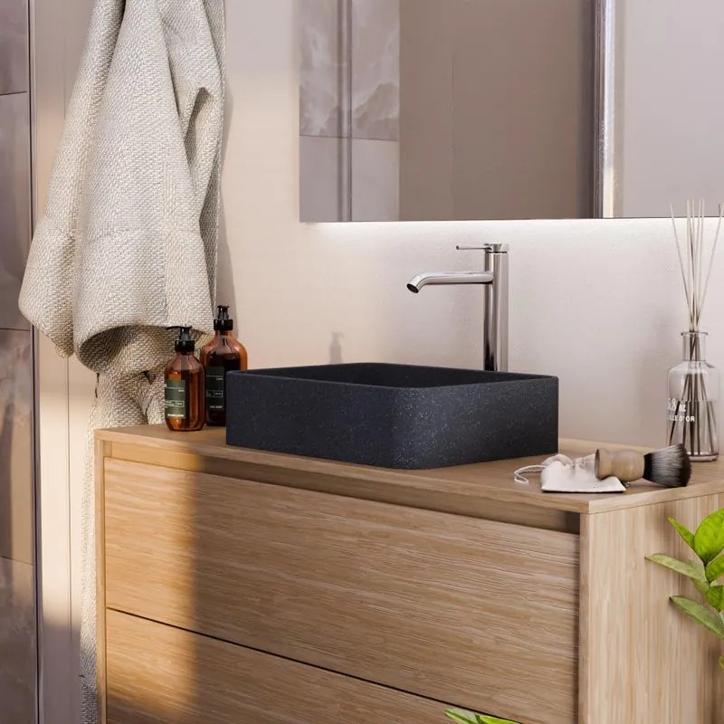 Lavabo da appoggio Sandstone rettangolare in cemento L 40.6 x H 10.1 x P 30.4 cm nero piletta non inclusa