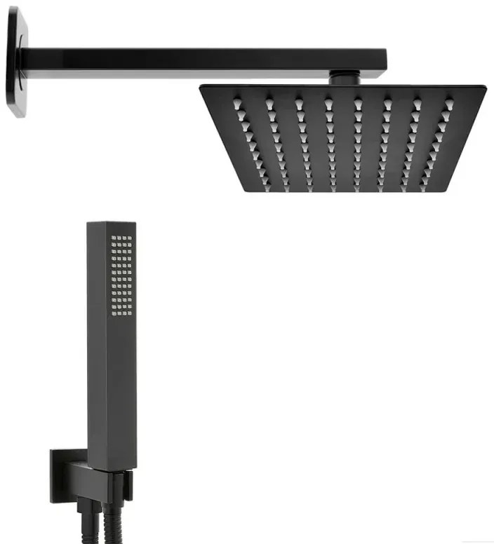 Set doccia nero opaco con braccio soffione rettangolare 30x20 e kit doccia