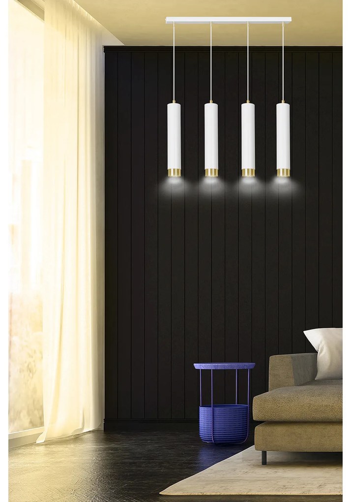 Lampadario 4 Luci Brunilde In Acciaio Bianco E Tubolari In Bianco E Oro