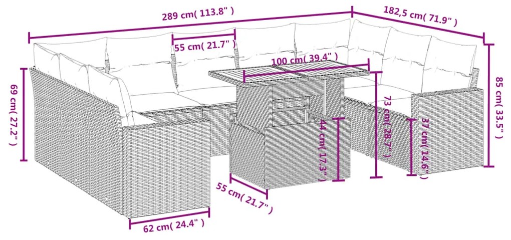 Set Divani da Giardino 10pz con Cuscini in Polyrattan Nero