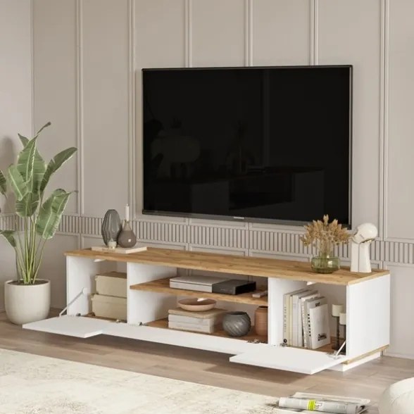 Mobile TV Da Terra 180x45x45 Bianco E Rovere Effetto Legno Frame