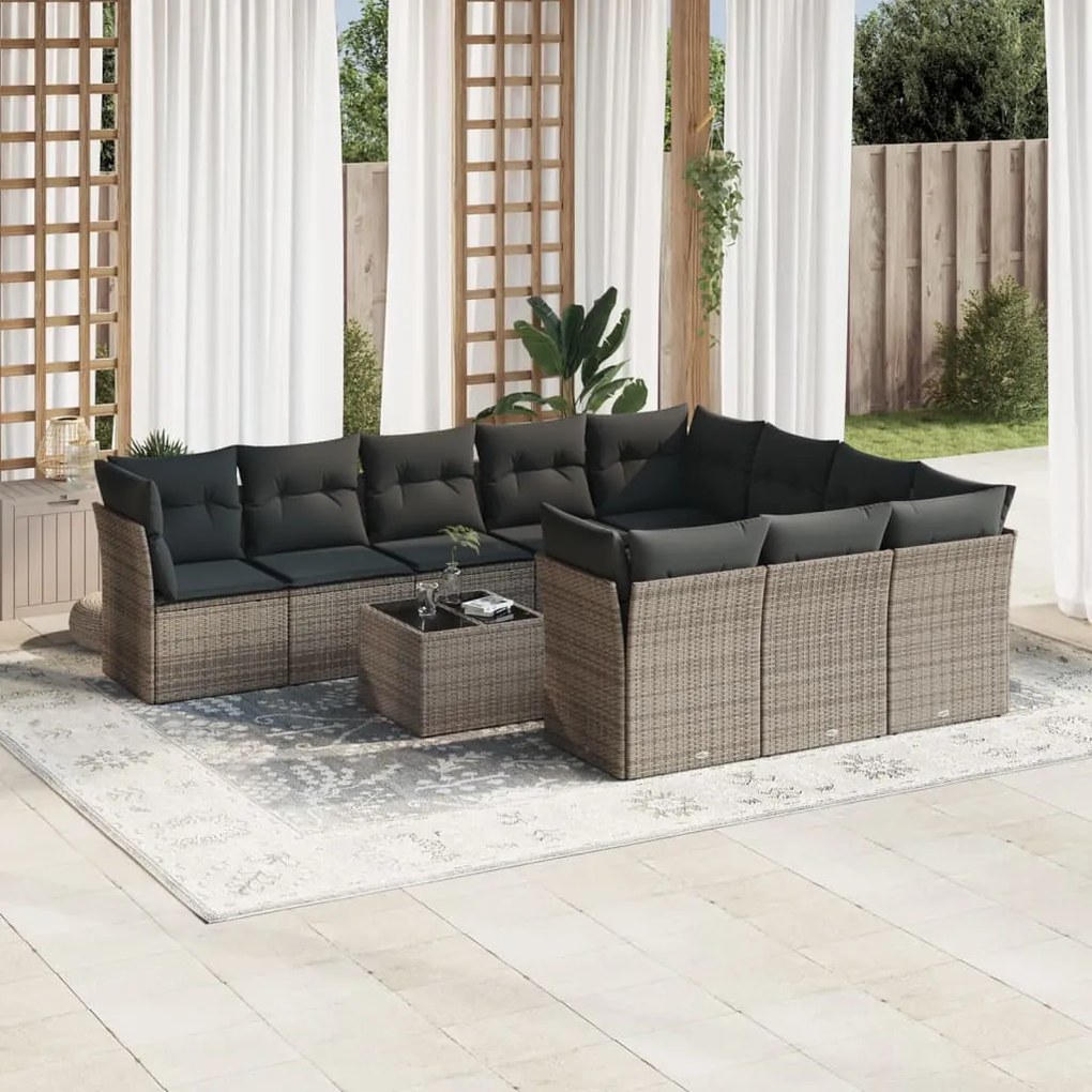 Set divani da giardino 11 pz con cuscini in polyrattan grigio