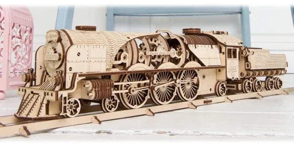Ugears - 3D puzzle meccanico in legno V-Express locomotiva a vapore con carrello
