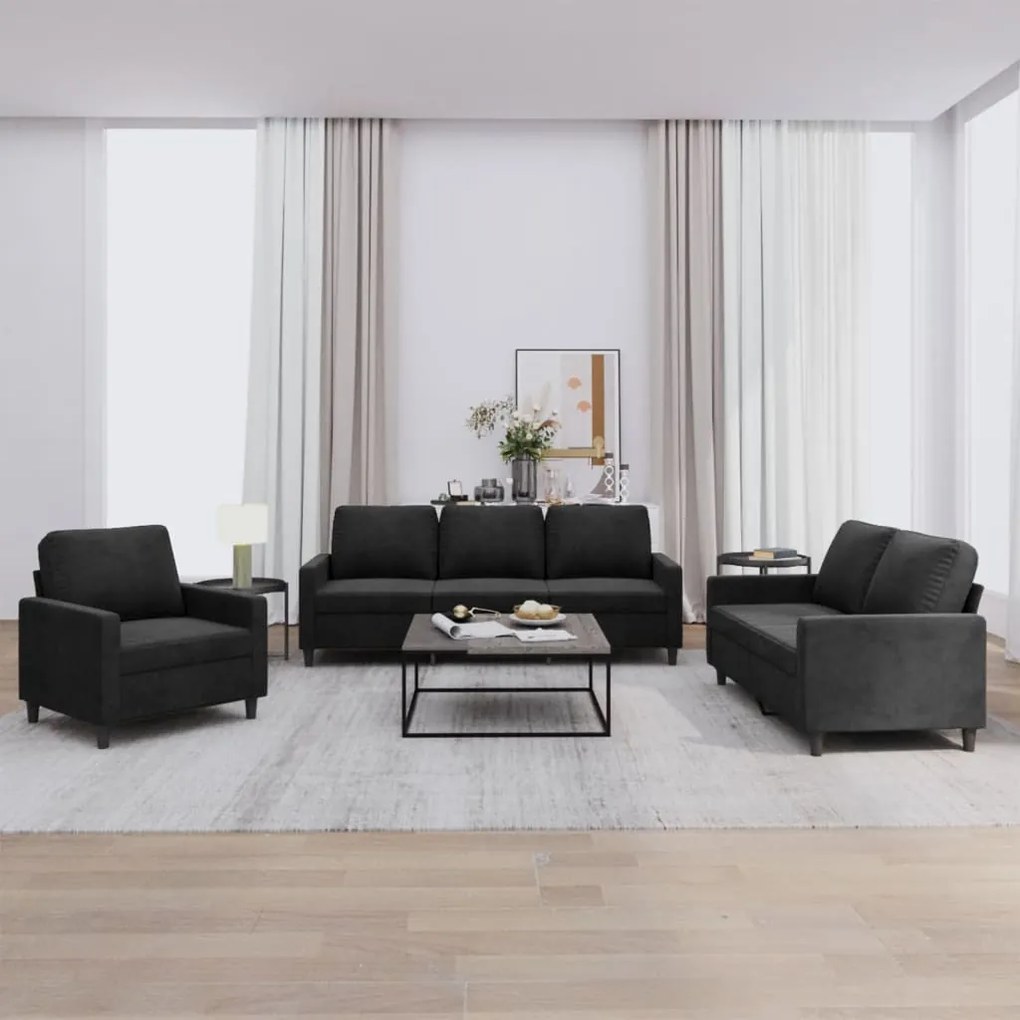 Set Di Divani 3 Pz Con Cuscini Nero İn Velluto /