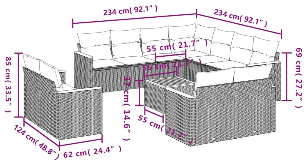 Set divani da giardino 12 pz con cuscini nero in polyrattan