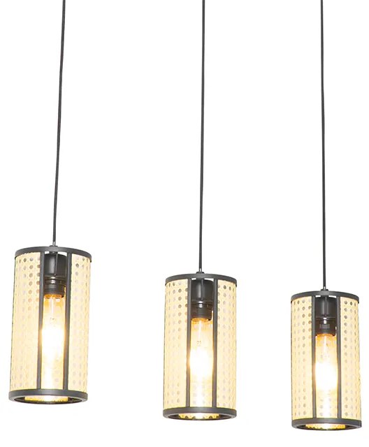 Lampada a sospensione orientale nera con rattan 3 luci oblunga - Akira