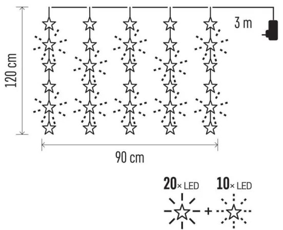Catena luminosa LED da esterno 30 LED, 3,9 m, IP44, a forma di stelle