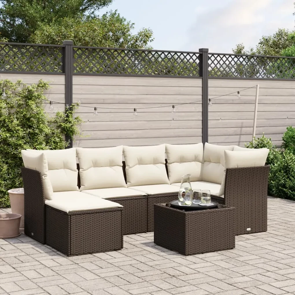 Set divani da giardino 7 pz con cuscini marrone in polyrattan