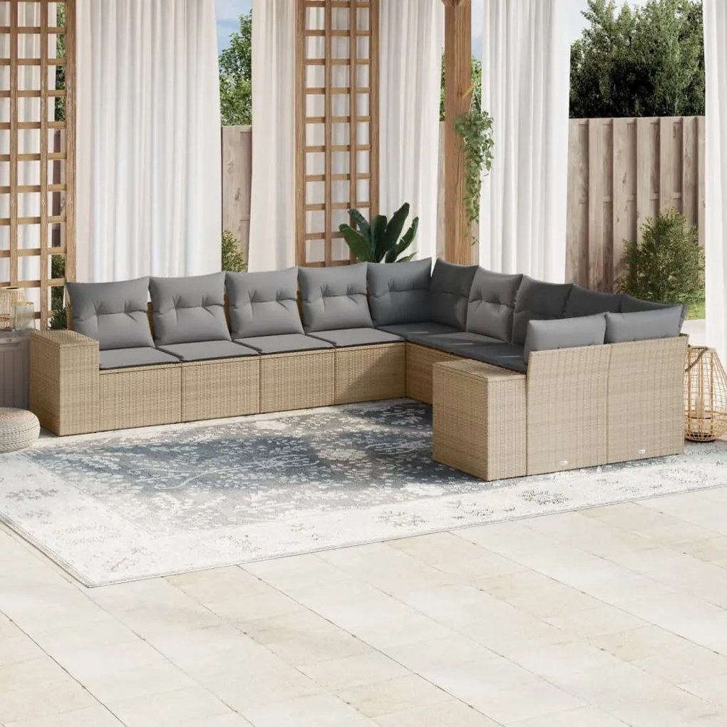 Set Divano da Giardino 10 pz con Cuscini Beige in Polyrattan