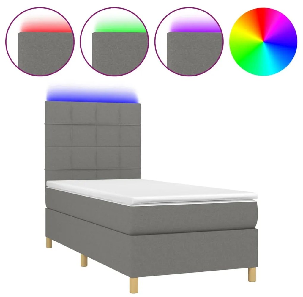 Letto a molle materasso e led grigio scuro 80x200 cm in tessuto