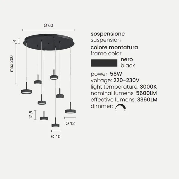 Lampada a sospensione 60 cm NINA in metallo verniciato Nero 8 Luci Led