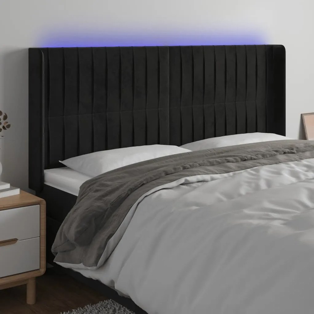 Testiera A Led Nera 163x16x118/128 Cm İn Velluto /