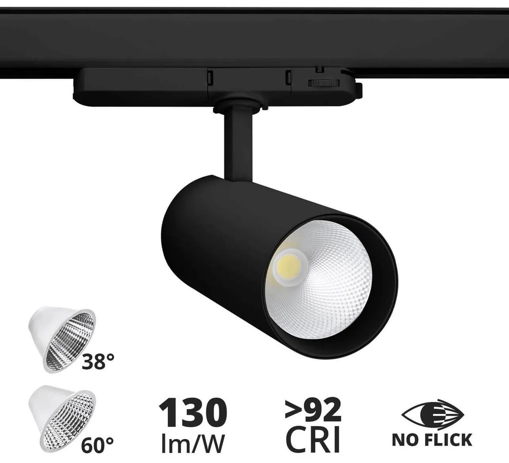 Faro LED 34W per Binario Trifase 38°+60° Nero con driver Philips Colore Bianco Caldo 2.700K
