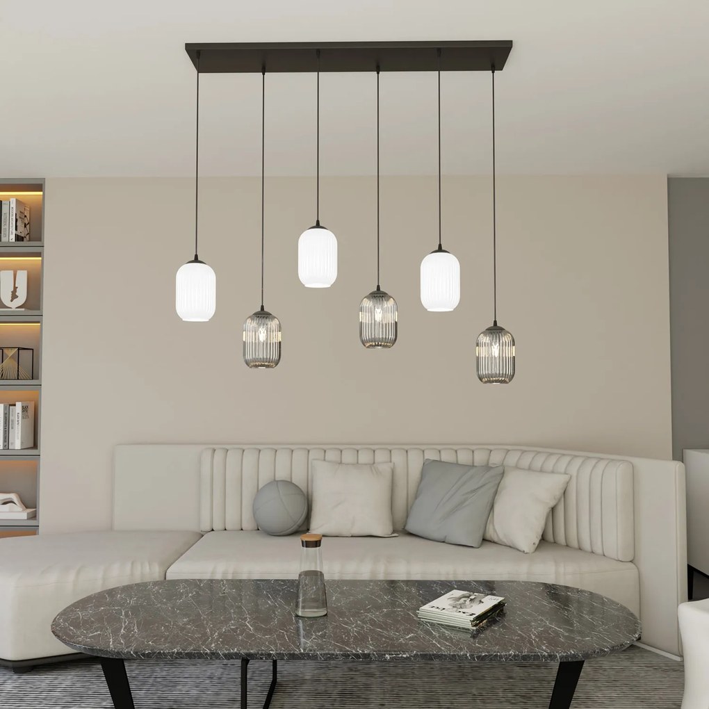 Lampadario 6 Luci Selene In Acciaio Nero E Vetri Plissettati In Bianco E Fumè