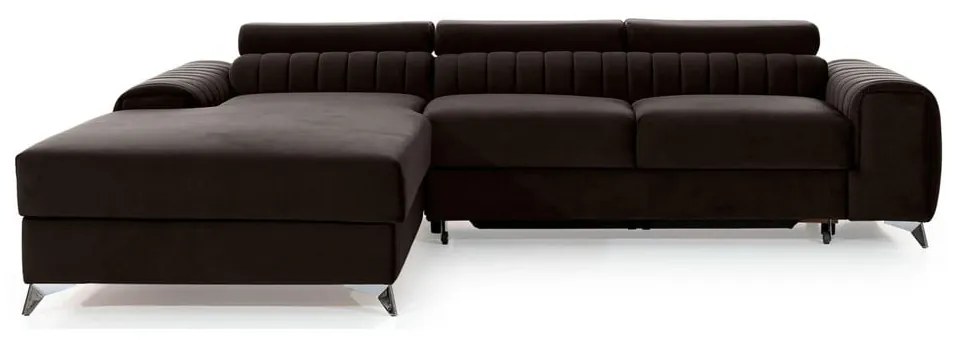 Divano angolare marrone scuro allungabile/con contenitore (con penisola a sinistra/con chaise lounge) e rivestimento in velluto Grayson – ELTAP