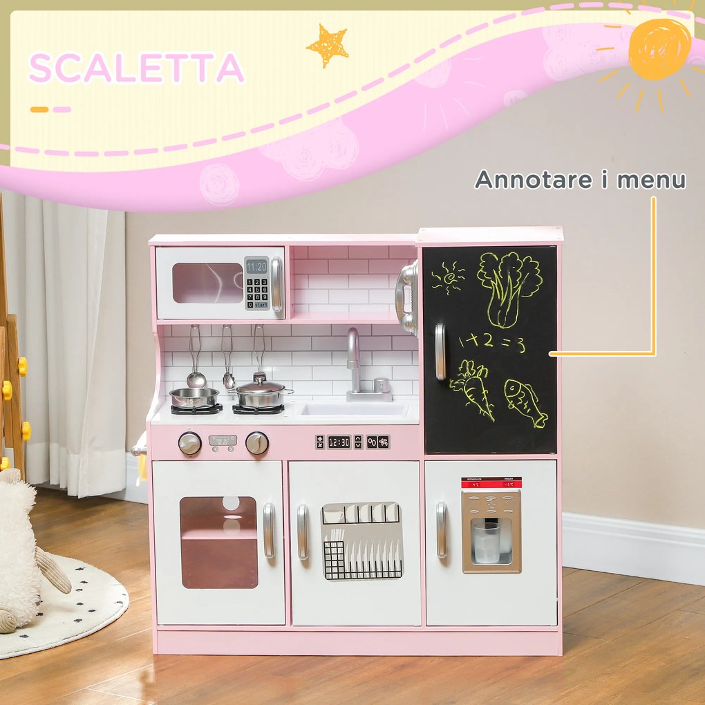 Cucina Giocattolo per Bambini 3-8 Anni con Fornelli Microonde Lavandino in Legno Rosa...