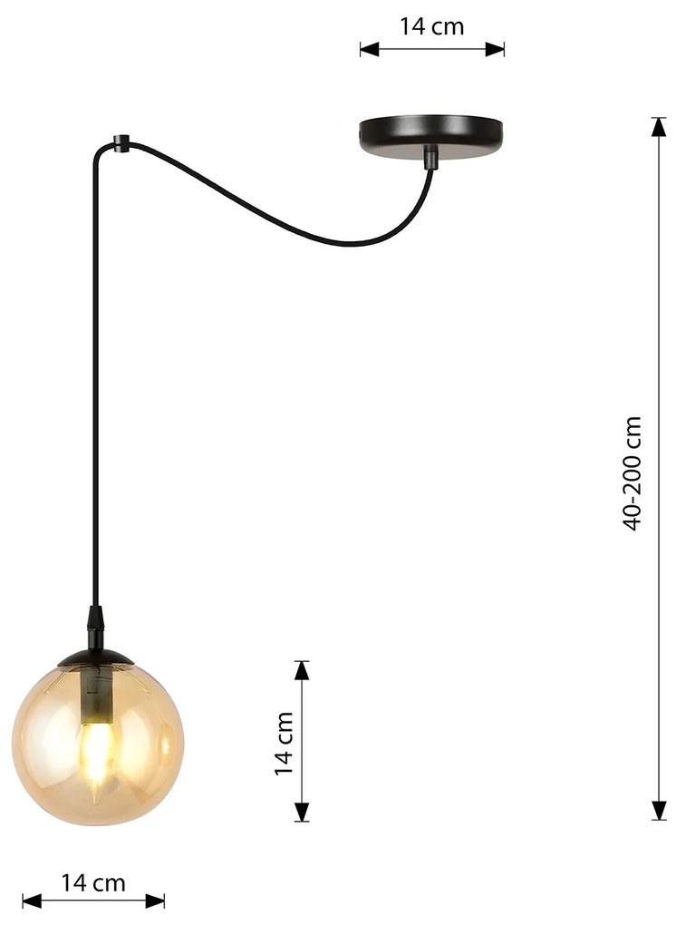 Sospensione 1 Luce Ginevra In Acciaio Nero Con Cavo Lungo E Vetro Ambra