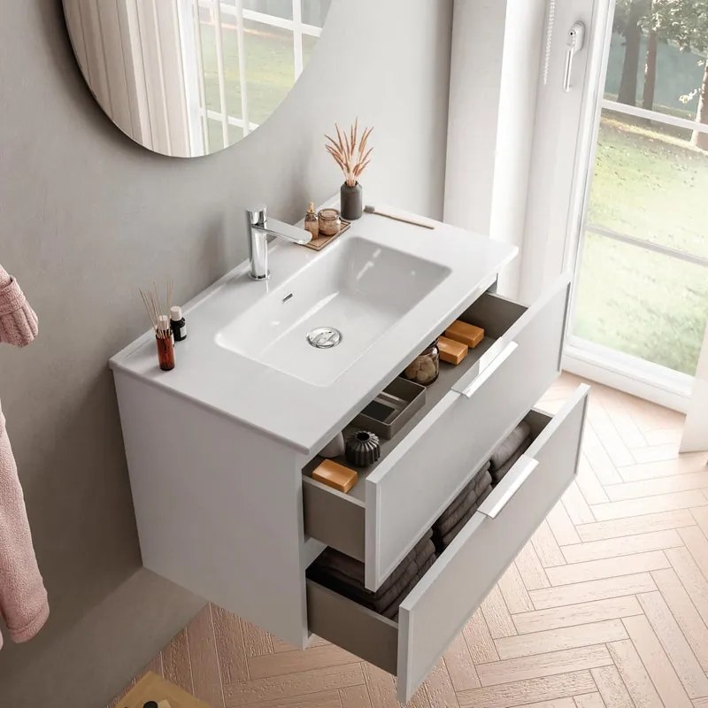 Mobile sottolavabo e lavabo Quadra bianco in mdf L 80 x H 57 x P 46 cm 1 vasca 2 cassetti