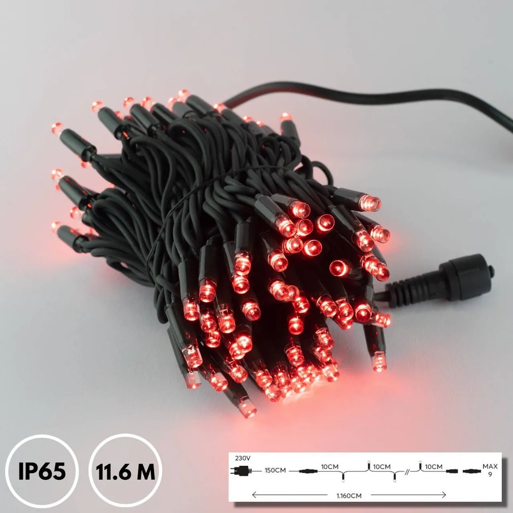 Catenaria Natalizia LED 11.6m IP65 Cavo VERDE Luce ROSSO Colore Rosso 620 - 625 °K