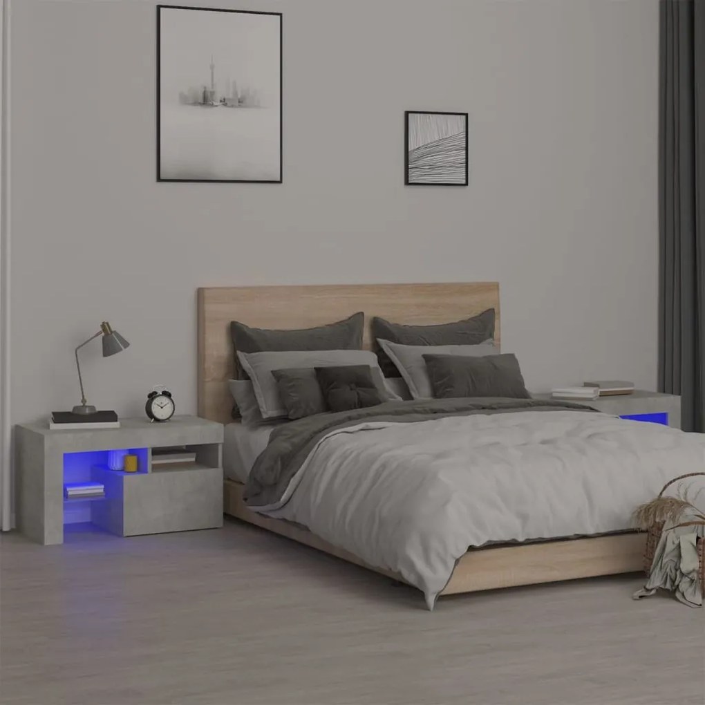 Comodini 2 Pz Con Luci A Led Grigi Cemento 70x36,5x40 Cm /