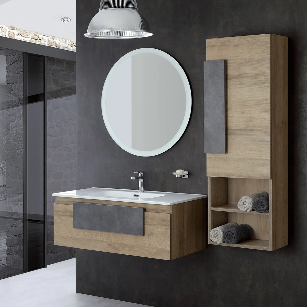 Mobile Bagno Sospeso 100 Cm Un Cassetto Specchio Con Illuminazione Led Feridras "Urban" Rovere