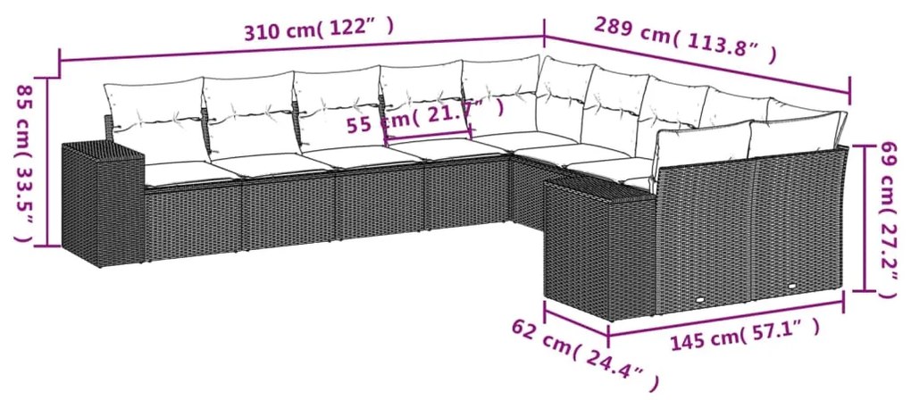 Set divano giardino 10 pz con cuscini grigio chiaro polyrattan