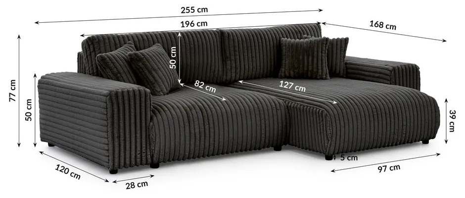 Divano angolare con penisola a destra grigio scuro e rivestimento in velluto a coste allungabile e con contenitore Sarina – Ropez